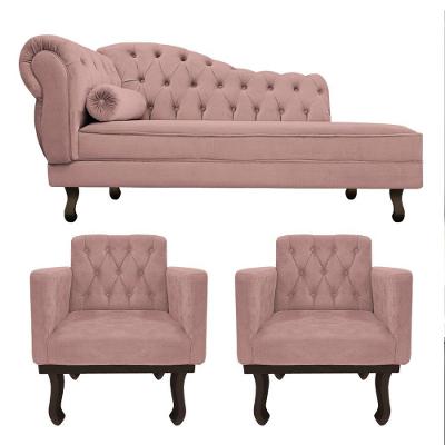 Kit Diva Recamier Diana 160Cm Lado Direito E 02 Poltronas Classic Linho Rosê