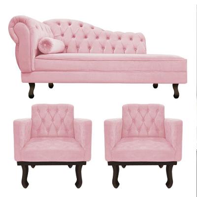 Kit Diva Recamier Diana 160Cm Lado Direito E 02 Poltronas Classic Suede Rosa Bebê