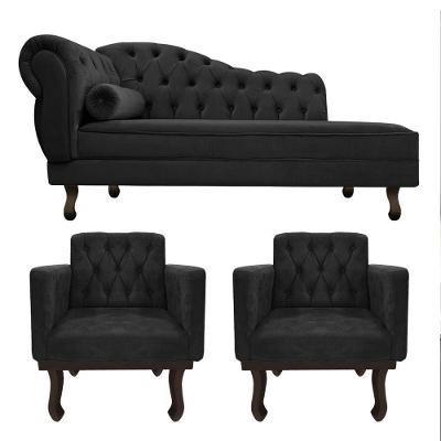 Kit Diva Recamier Diana 160Cm Lado Direito E 02 Poltronas Classic Suede Preto