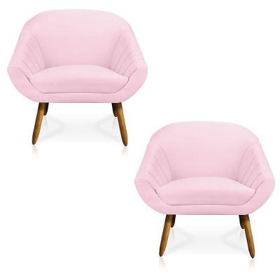 Kit 02 Poltronas Giovana Suede Rosa Bebê Pés Palito Castanho