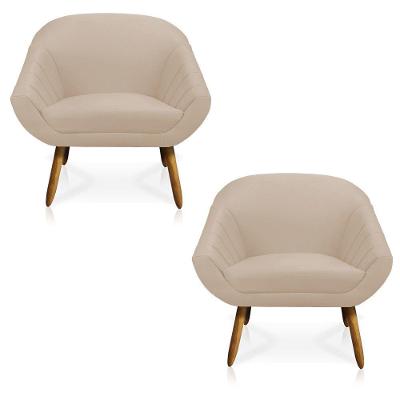 Kit 02 Poltronas Giovana Suede Bege Pés Palito Castanho D'rossi