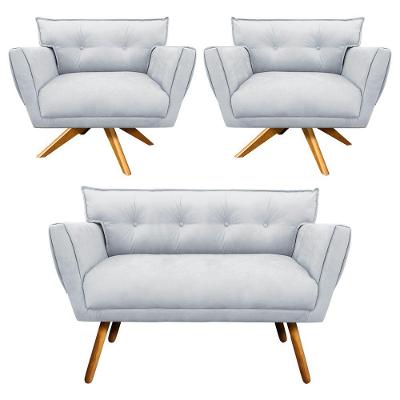 Kit 01 Namoradeira E 02 Poltronas Giratória Suede Base Madeira