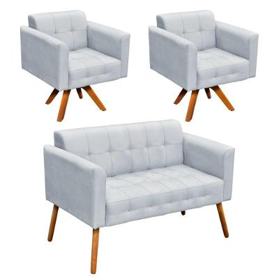 Kit 01 Namoradeira E 02 Poltronas Giratória Suede Base Madeira