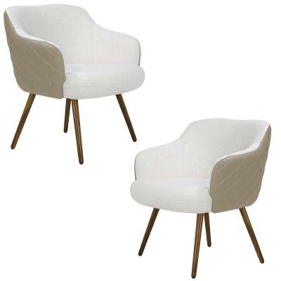 Kit 2 Poltronas Kitana Pés Palito Couro Linho Bege Branco