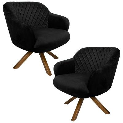 Kit 2 Poltronas Kitana Pés Madeira Giratório Veludo Preto