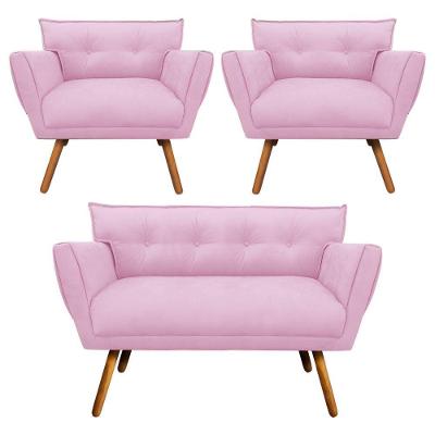 Kit 01 Namoradeira E 02 Poltronas Anitta Suede Pés Palito Castanho D'rossi Cor Rosa Bebê