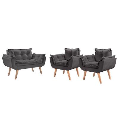 Conjunto Poltronas Opalla Pés Madeira Cinza
