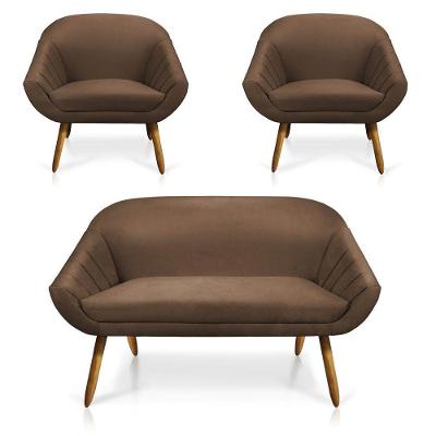 Kit 01 Namoradeira 02 Lugares e 02 Poltronas Giovana Suede Marrom Castanho
