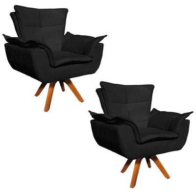 Kit 2 Poltronas Decorativas Sala De Estar Base Giratória Madeira Opla Suede Preto - Ibiza