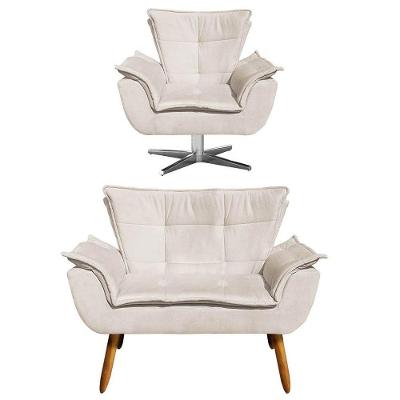 Kit Namoradeira 2 Lugares E 1 Poltrona Decorativa Giratória Cromada Opla Suede Bege - Ibiza