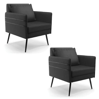 Kit 02 Poltronas Corino Preto Pés Palito De Ferro Preto
