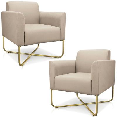 Kit 2 Poltronas Isabella Base X Suede Bege dourado