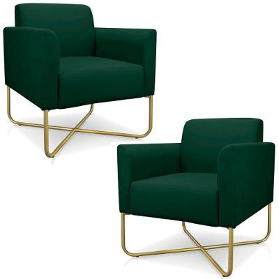 Kit 2 Poltronas Isabella Base X Suede Verde dourado