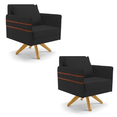Kit 02 Poltronas Veludo Preto Base De Madeira Ma30