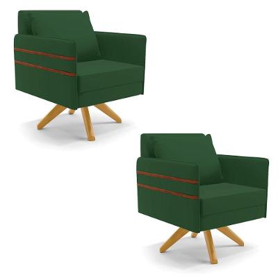 Kit 02 Poltronas Veludo Base De Madeira Ma30 Verde