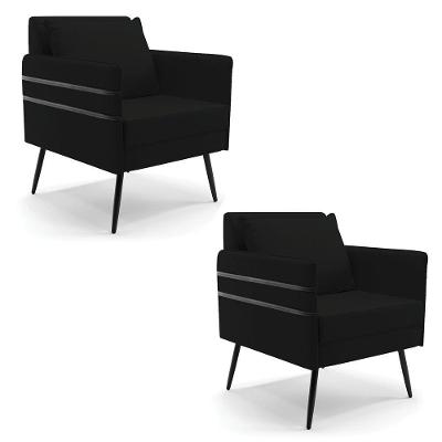Kit 02 Poltronas Linho Preto A79 Pés Palito De Ferro Preto