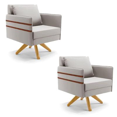 Kit 02 Poltronas Veludo Base De Madeira Ma30 Cinza