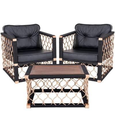 2 Poltronas Com Mesa De Centro Madeira Corda Náutica Preta