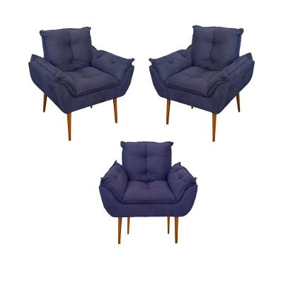 Kit 03 Poltronas Opala Confortável Sala, Quarto Cor:azul Marinho