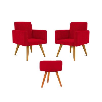 Kit 02 Poltronas Decorativas + Puff Decorativo Redondo Sala Cor:vermelho