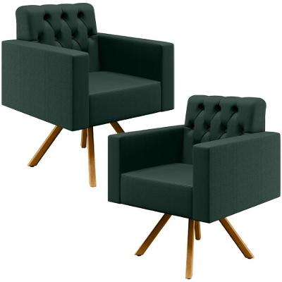 Kit 02 Poltronas Giratórias Capitonê Linho Verde Musgo