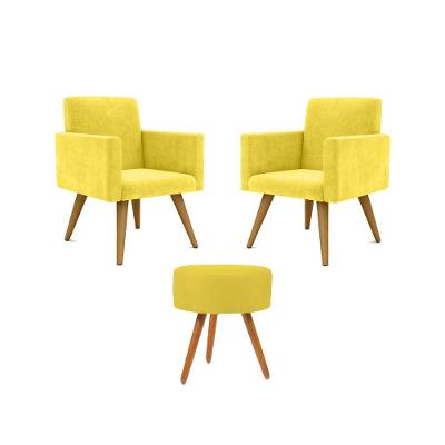 Kit 02 Poltronas Decorativas + Puff Decorativo Redondo Sala Cor:amarelo