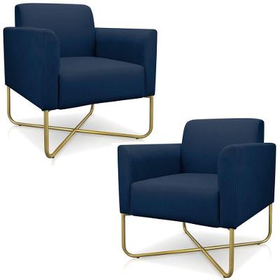 Kit 2 Poltronas Isabella Base X Suede Azul Marinho dourado