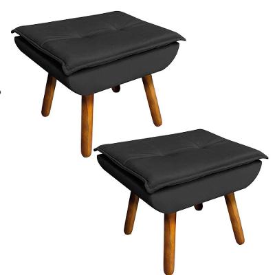Kit 2 Puffs Opala Veludo Preto Pés Palito Castanho - D´rossi