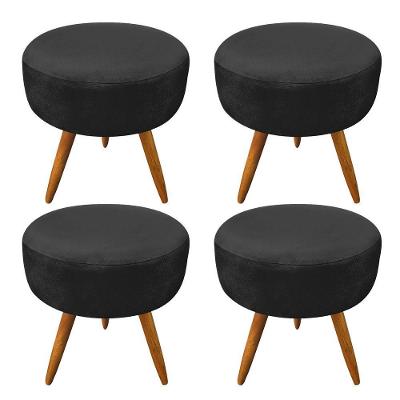 Kit 4 Puffs Banqueta Redonda Nina Suede Preto