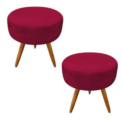 Kit 2 Puffs Banqueta Redonda Nina Suede Vermelho