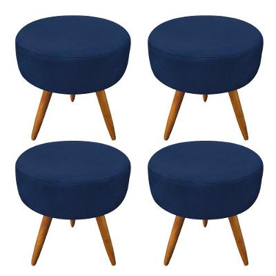 Kit 4 Puffs Banqueta Redonda Nina Suede Azul Marinho