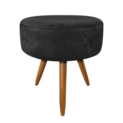 Puff Banqueta Redonda Veludo Preto Pés Palito Castanho