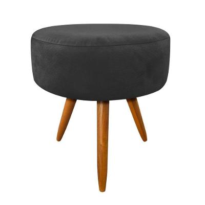 Puff Banqueta Berlim Redondo Suede Preto Pés Castanho