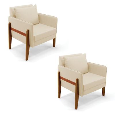 Kit 02 Poltronas Lana Linho Base De Madeira A19 Bege
