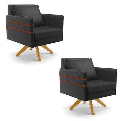 Kit 02 Poltronas Corino Preto Base De Madeira Ma30