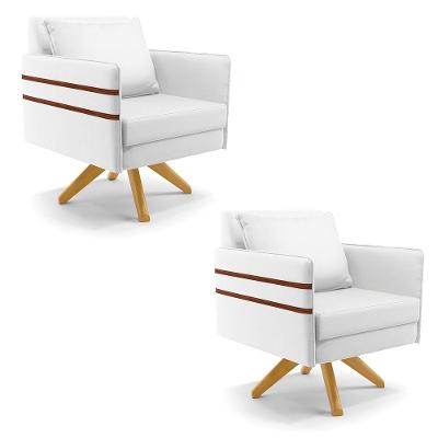 Kit 02 Poltronas Corino Base De Madeira Ma30 Branco