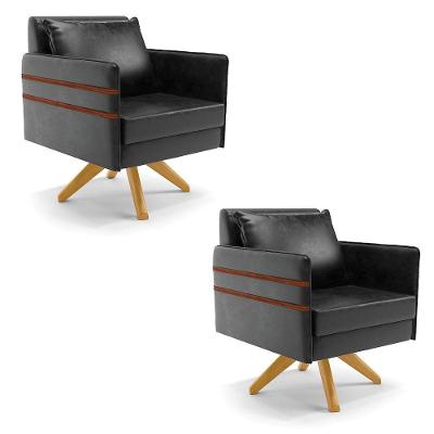 Kit 02 Poltronas Giratória Base De Madeira Ma30 Preto