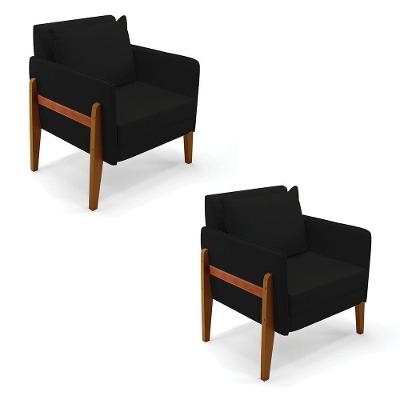Kit 02 Poltronas Lana Linho Base De Madeira A79 Preto