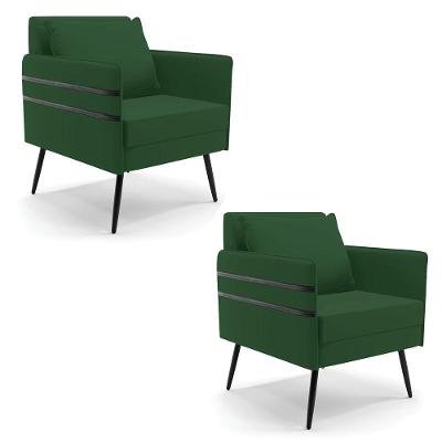 Kit 02 Poltronas Veludo Pés Palito De Ferro Preto Verde