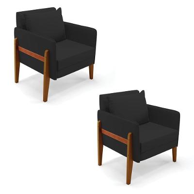 Kit 02 Poltronas Lana Veludo Base De Madeira Preto