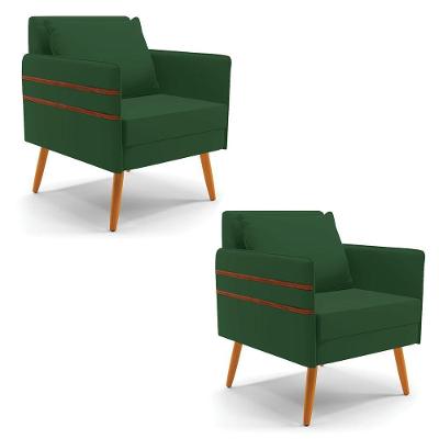 Kit 02 Poltronas Mari Veludo Verde Pés Palito Castanho