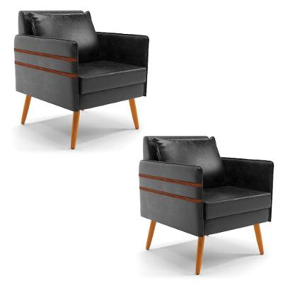Kit 02 Poltronas Mari Corano Preto Pés Palito Castanho