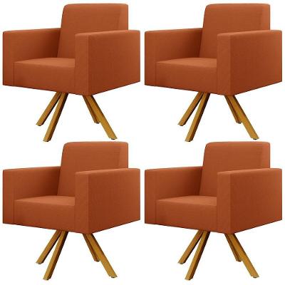 Kit 04 Poltronas Decorativa Base Giratória De Madeira Helô L02 Tecido Terracota - Lyam Decor