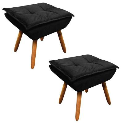 Kit 2 Puffs Decorativos Sala De Estar Pés Palito Opla Suede Preto - Ibiza