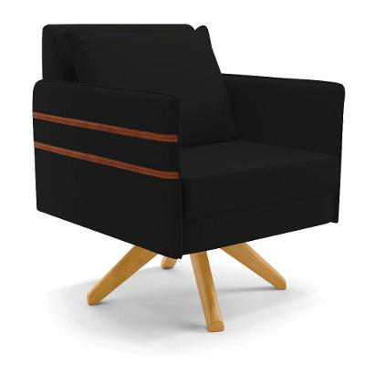 Poltrona Giratória Linho Base De Madeira Ma30 A79 Preto