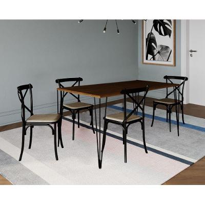 Conjunto De Mesa Elen Retangular 140X80Cm Amêndoa Com 4 Cadeiras Katrina Preto Asse - Marrom