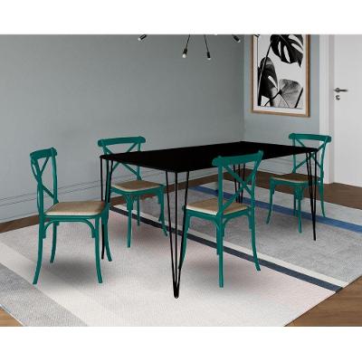 Conjunto De Mesa Elen Retangular 140X80Cm Preto Com 4 Cadeiras Katrina Azul Turques - Preto