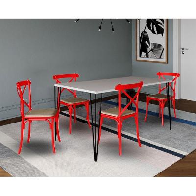 Conjunto De Mesa Elen Retangular 140X80Cm Branco Com 4 Cadeiras Katrina Vermelha As - Branco