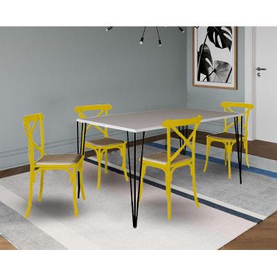 Conjunto De Mesa Elen Retangular 140X80Cm Branco Com 4 Cadeiras Katrina Amarela Ass - Branco
