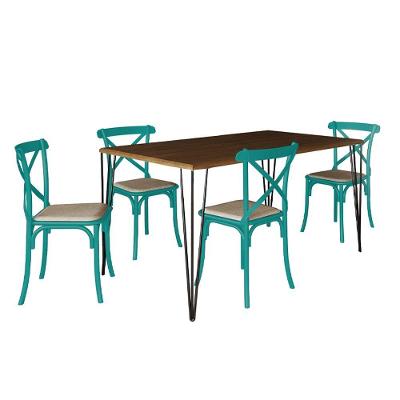 Conjunto De Mesa Elen Retangular 140X80Cm Amêndoa Com 4 Cadeiras Katrina Azul Turqu - Marrom